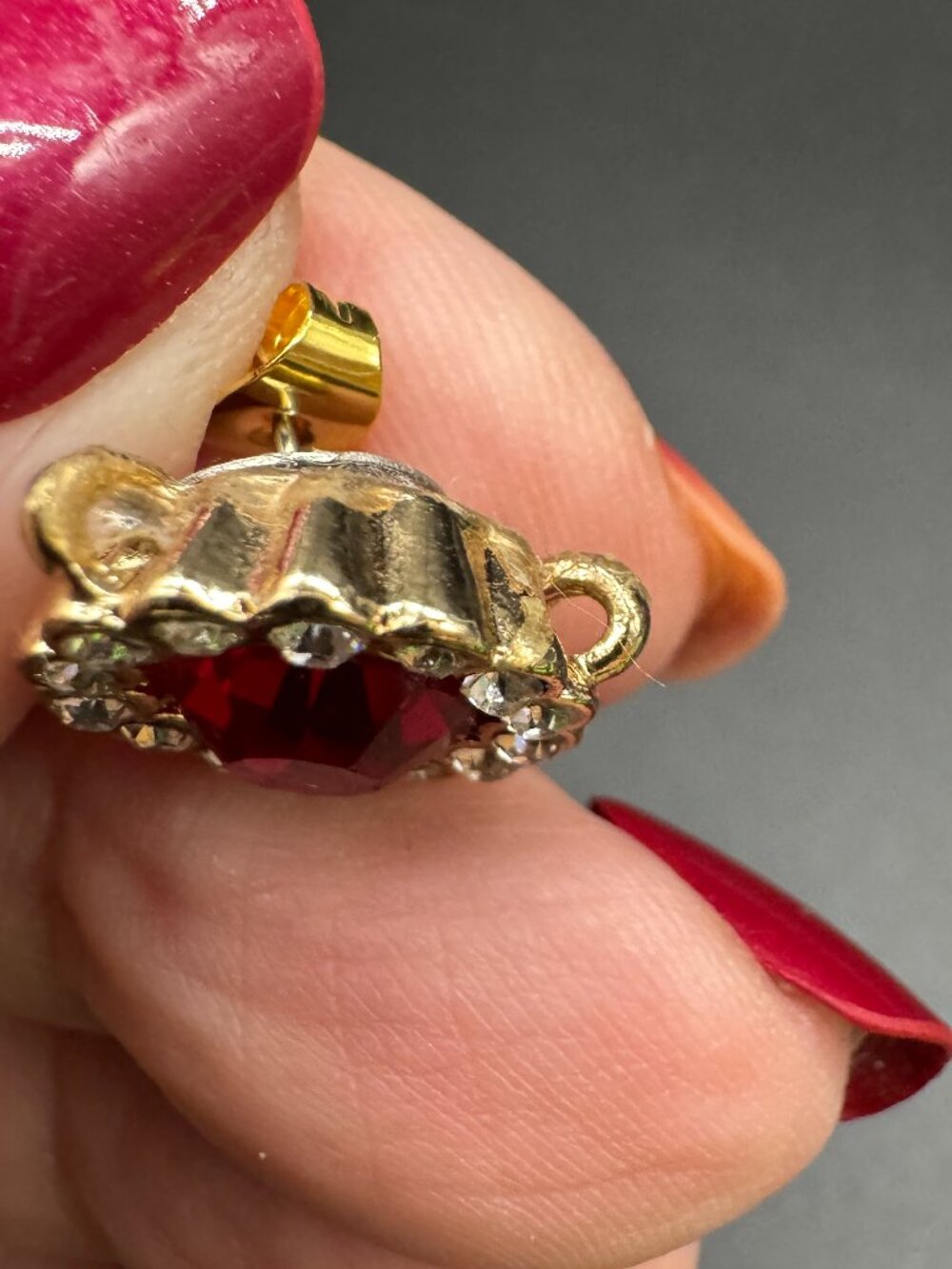 Gold Tone Stud Earrings Pierced Red and Clear Rhinestone - Picture 9 of 10